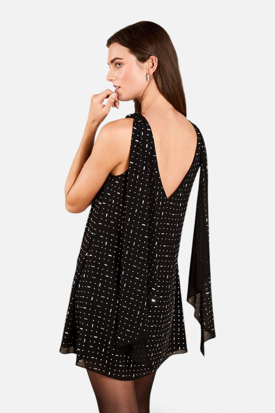 Saylor Cybele Rhinestone Chiffon Mini Dress in Black – back view