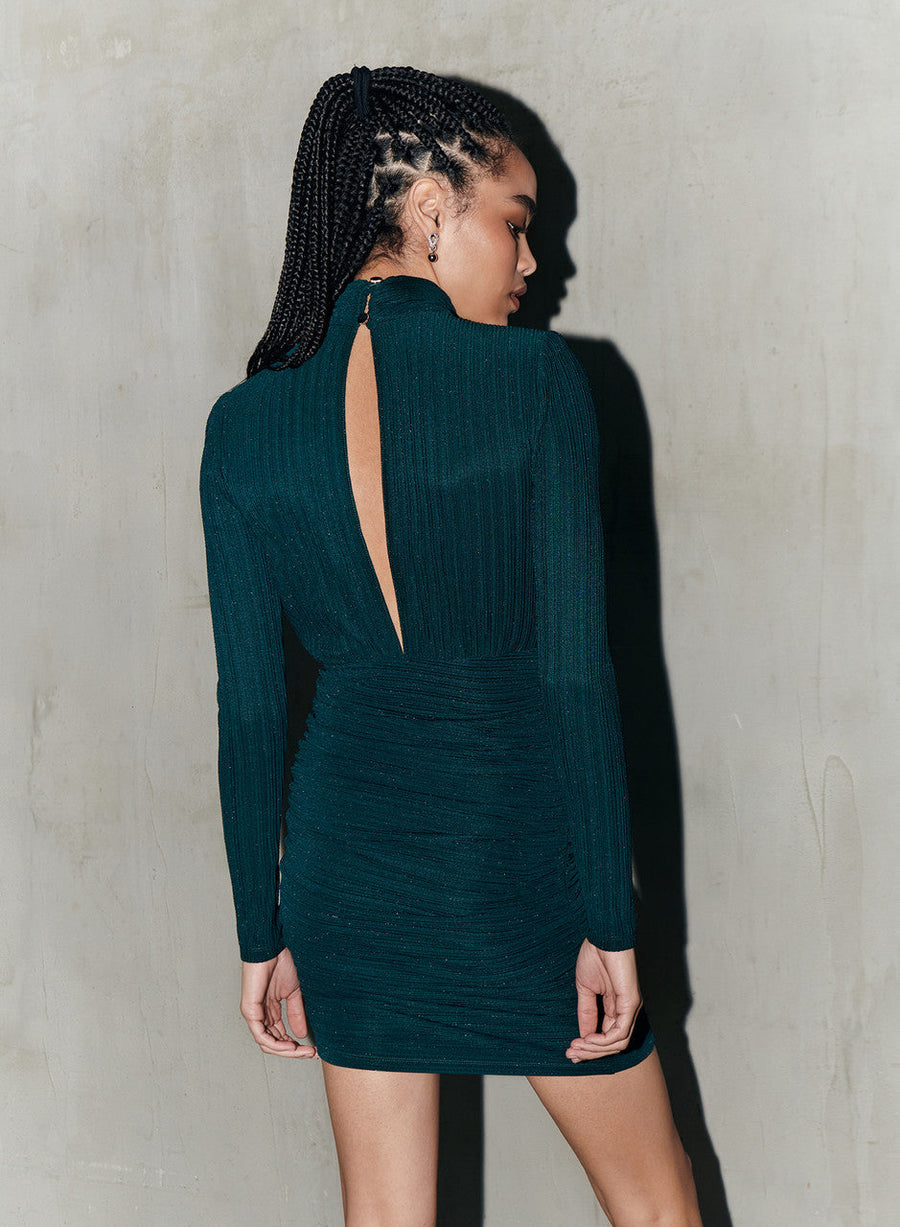 Saylor Diem Metallic Pleat Knit Mini Dress in Black Forest Green – back view