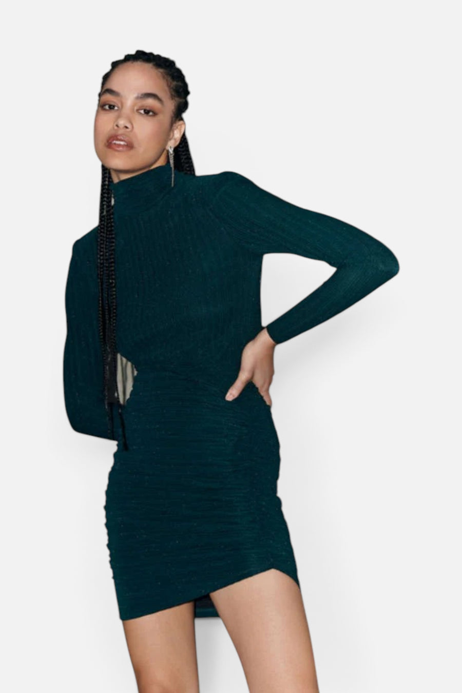 Saylor Diem Metallic Pleat Knit Mini Dress in Black Forest Green – front view