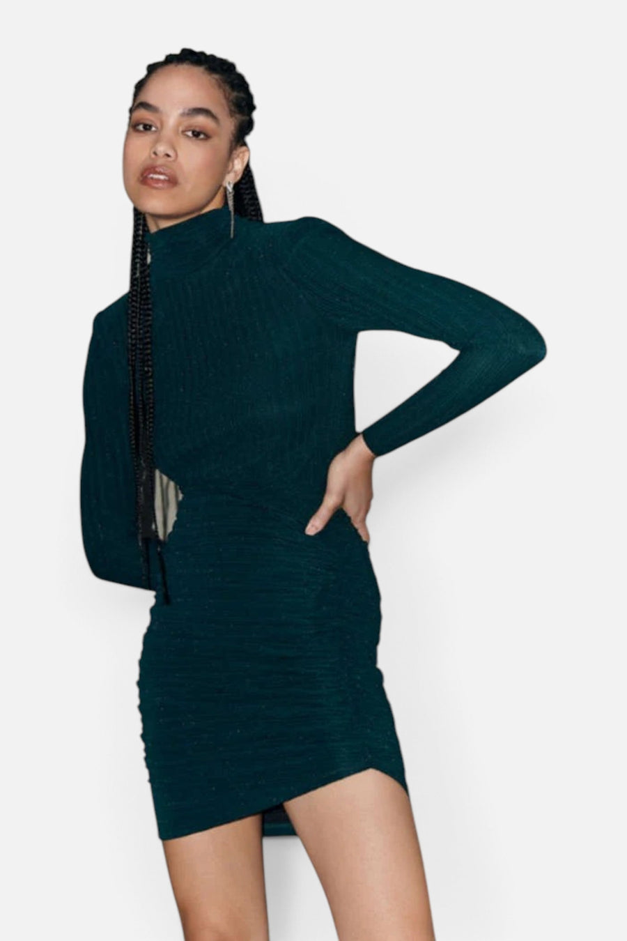Saylor Diem Metallic Pleat Knit Mini Dress in Black Forest Green – side view