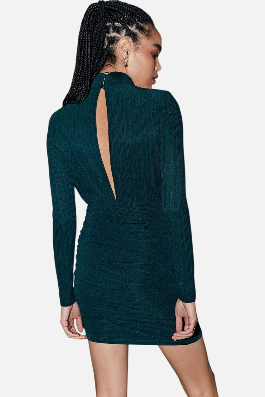 Saylor Diem Metallic Pleat Knit Mini Dress in Black Forest Green – side view
