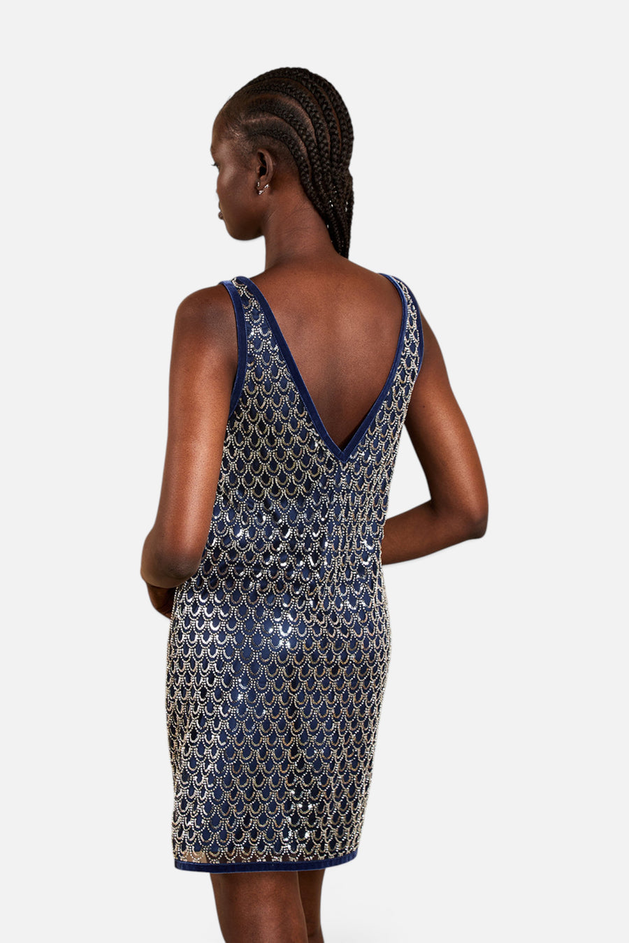 Saylor Jeanetta Dress in Navy Scallop Bead – back view