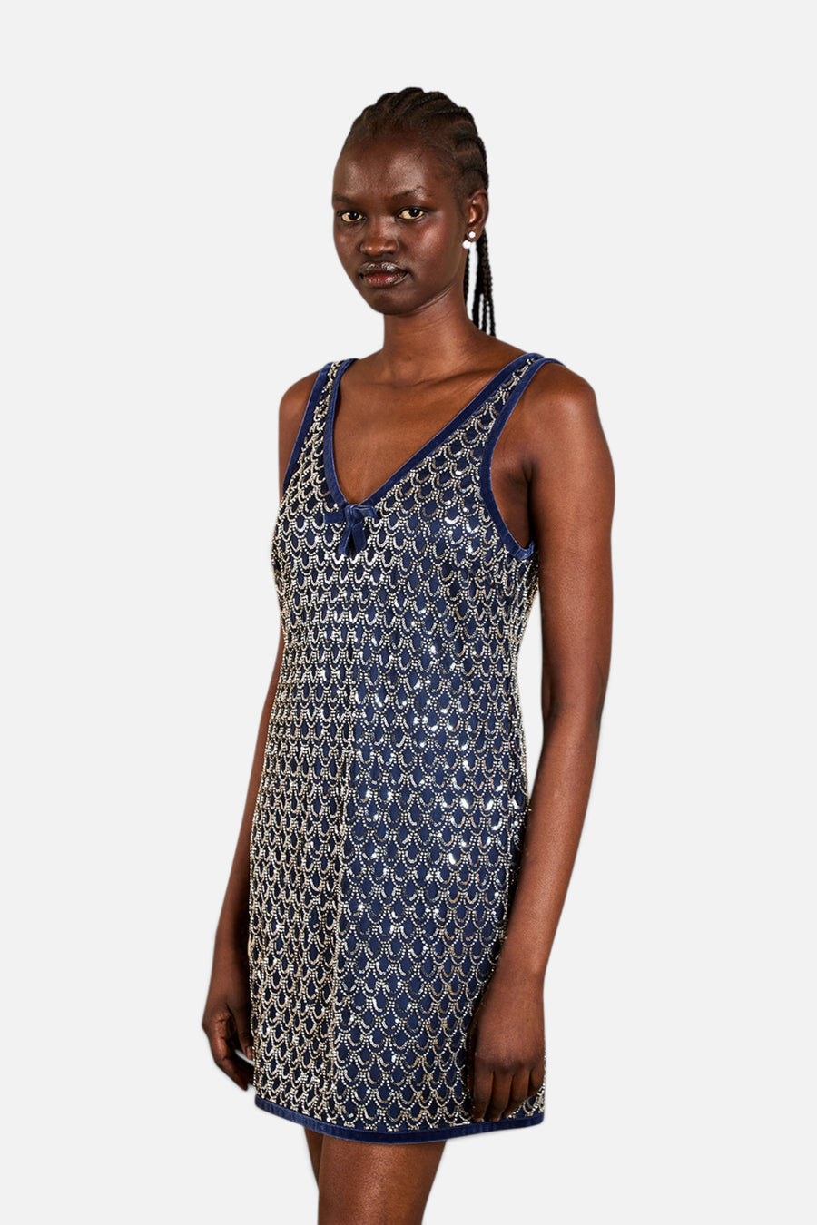 Saylor Jeanetta Dress in Navy Scallop Bead – front view