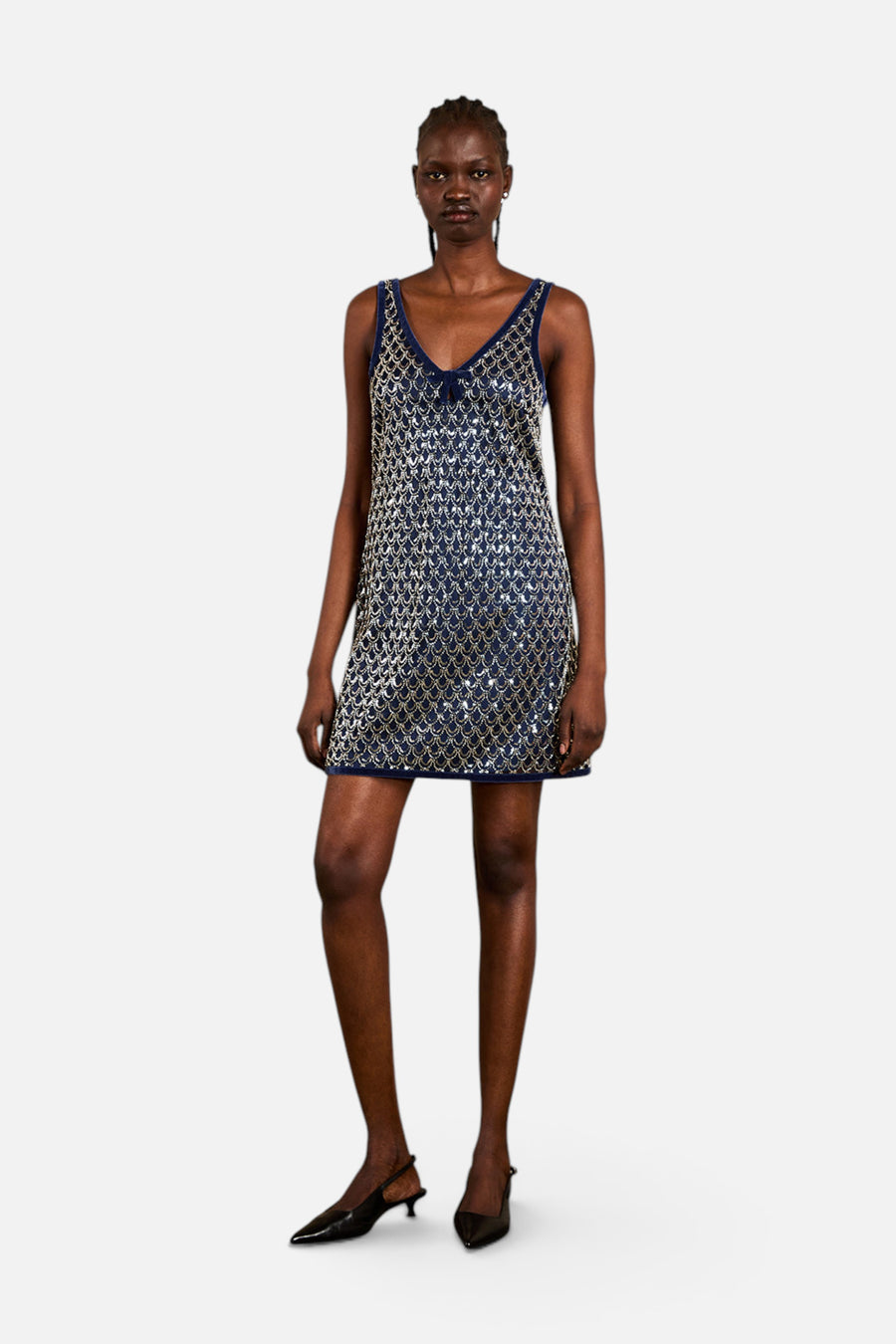 Saylor Jeanetta Dress in Navy Scallop Bead – full length