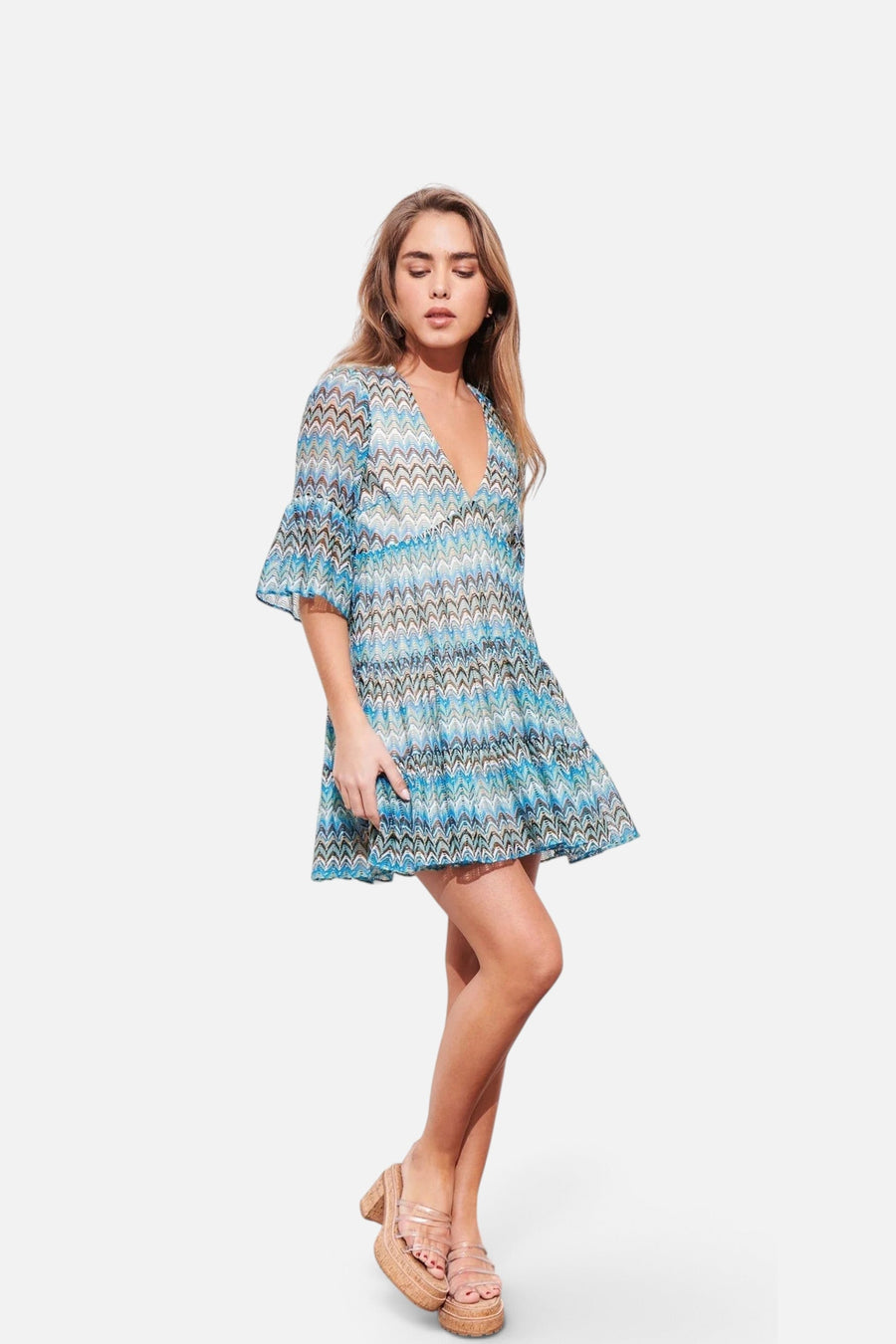 Saylor Kingsley Scallop Knit Mini Dress in Azure Blue – front view