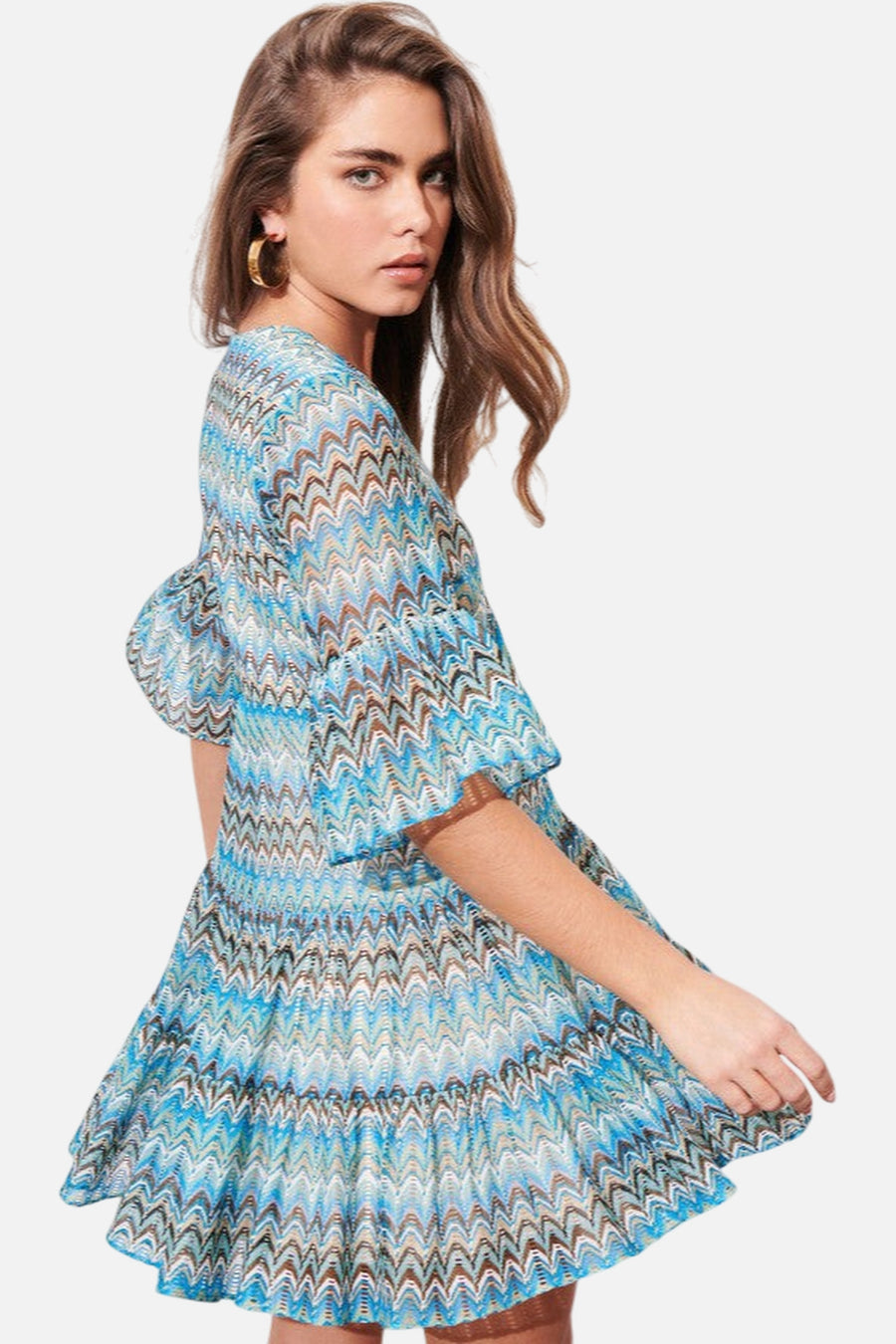 Saylor Kingsley Scallop Knit Mini Dress in Azure Blue – on model