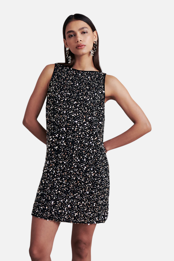 Saylor Kit Tweed Bead Sequin Mini Dress in Black