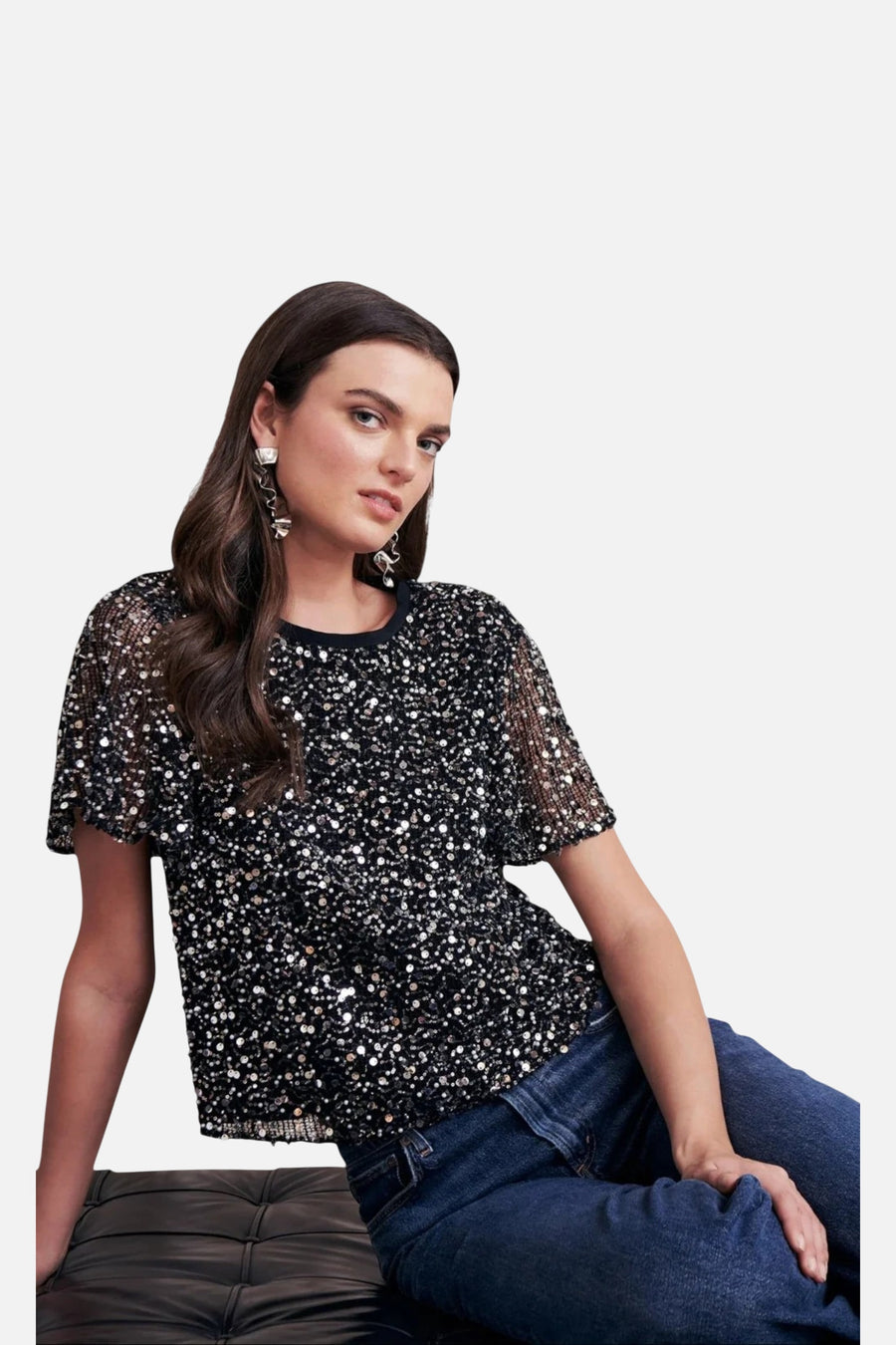 Saylor Natassia Sequin Top in Black – side view