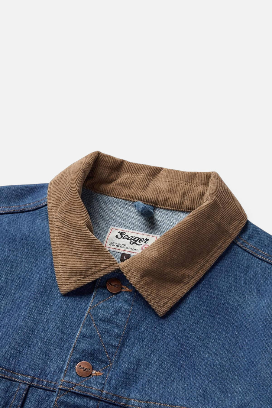 Seager Freewheelin' Denim Jacket in Rinsed Indigo – detail