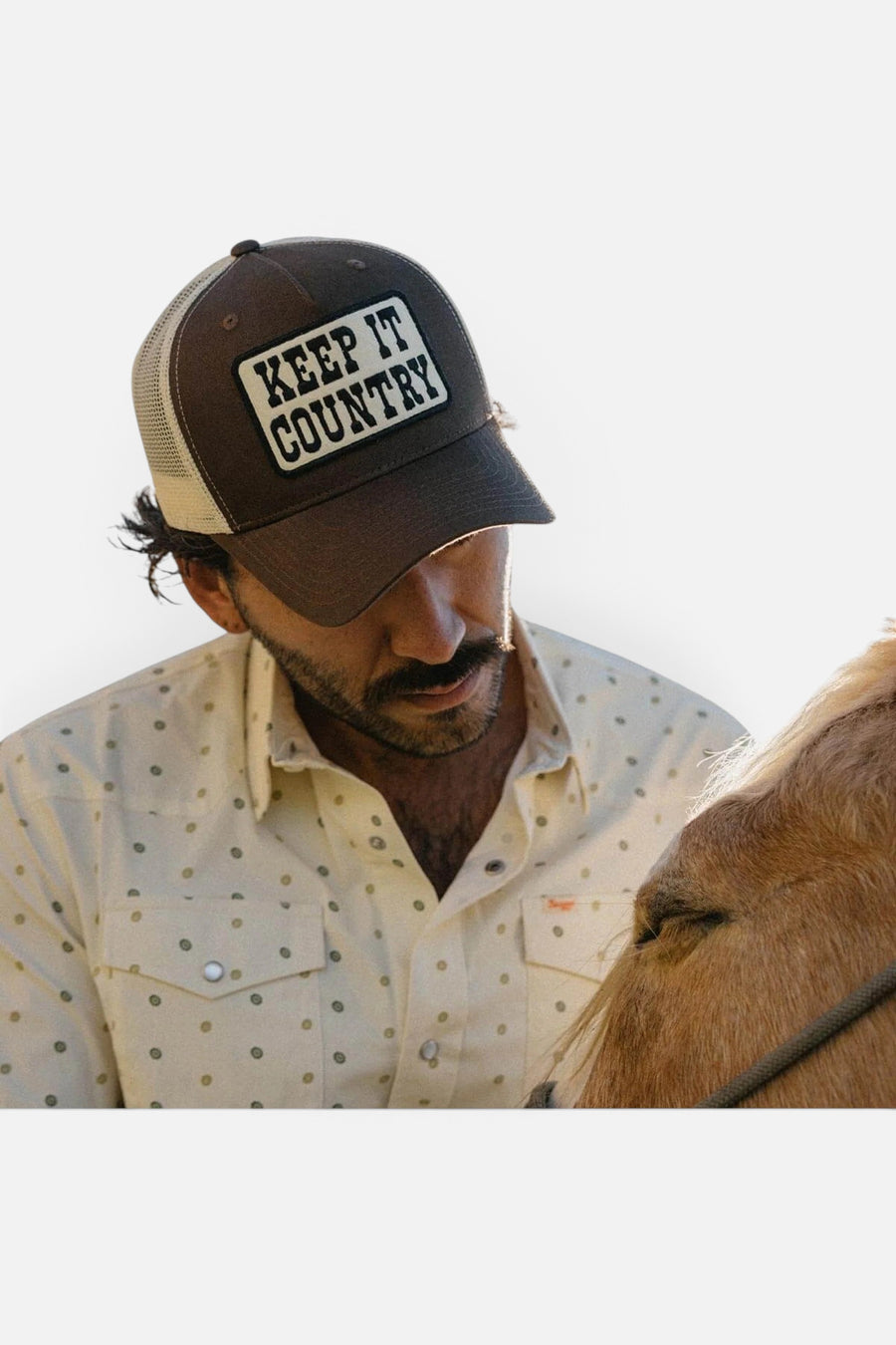 Seager Keep It Country Trucker Hat in Brown/Cream – detail
