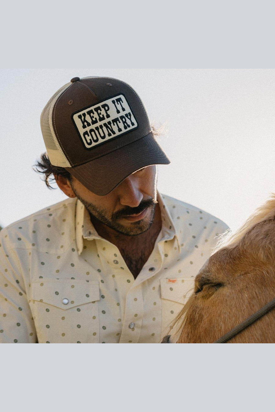 Seager Keep It Country Trucker Hat in Brown/Cream – on model