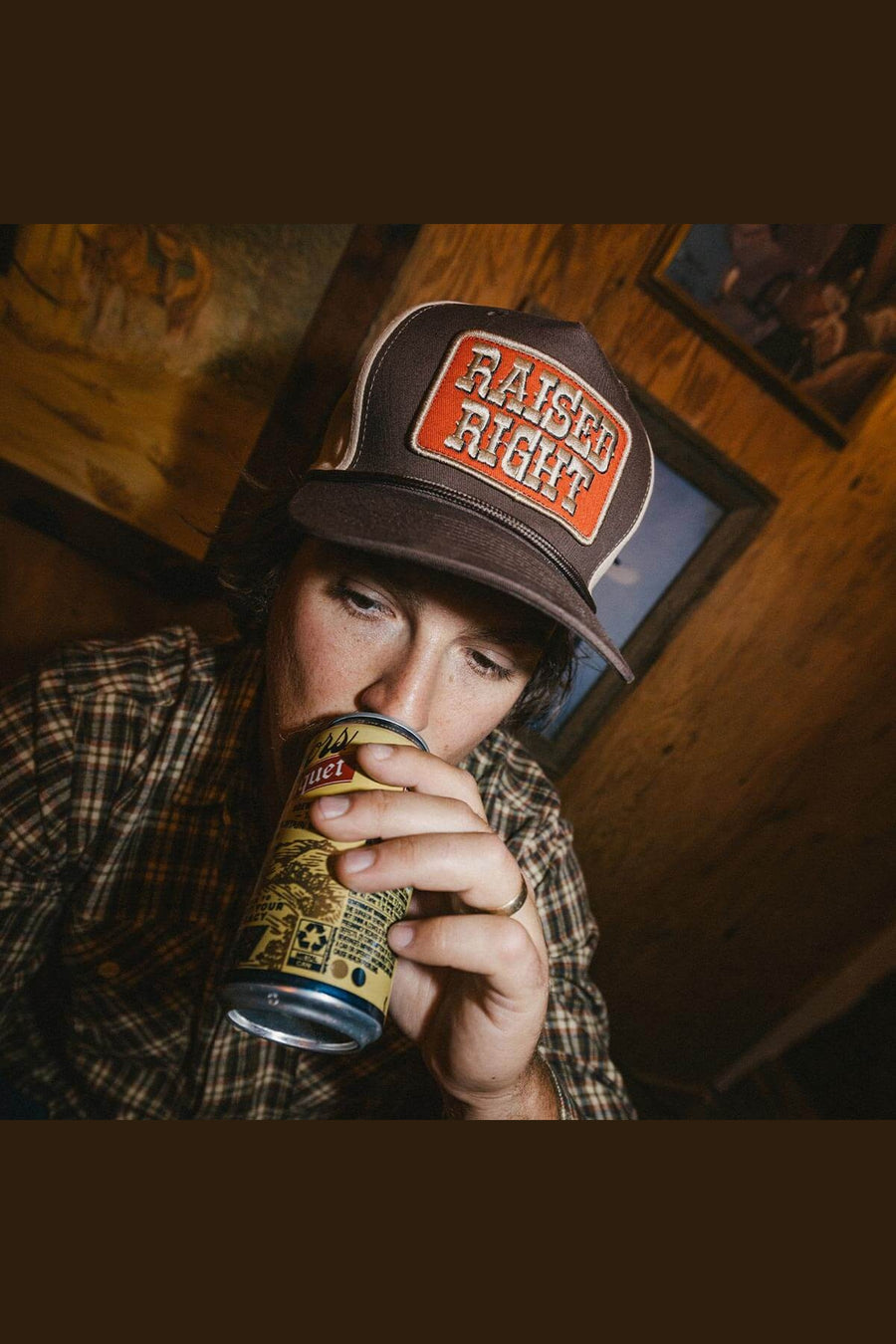 Seager Raised Right Trucker Hat in Brown – on model