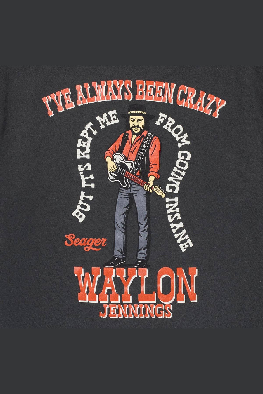 Seager Waylon Jennings Always Been Crazy Tee in Vintage Black – back print detail