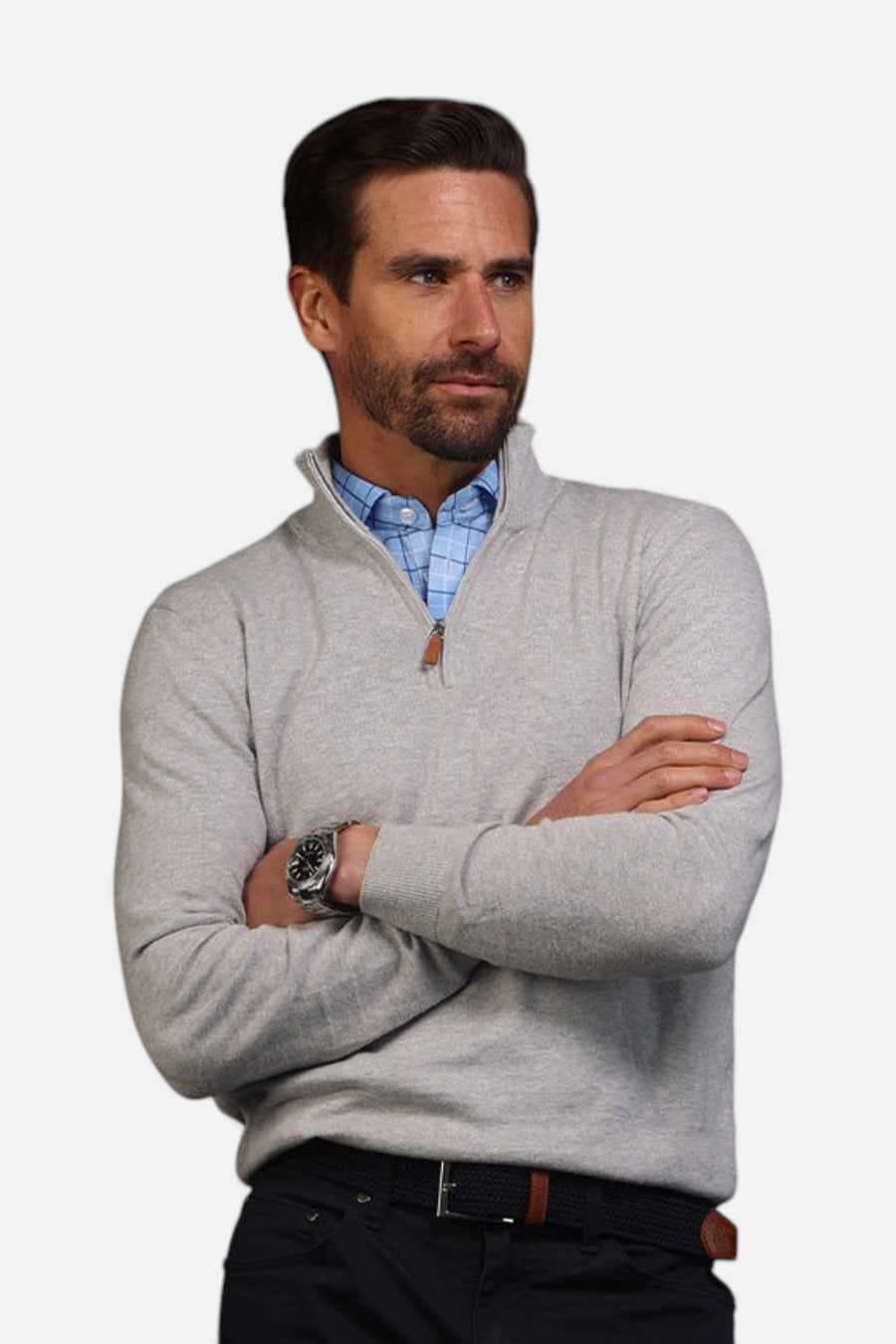 Semi-Spread Collar Polo in Pienza Blue Windowpane – detail