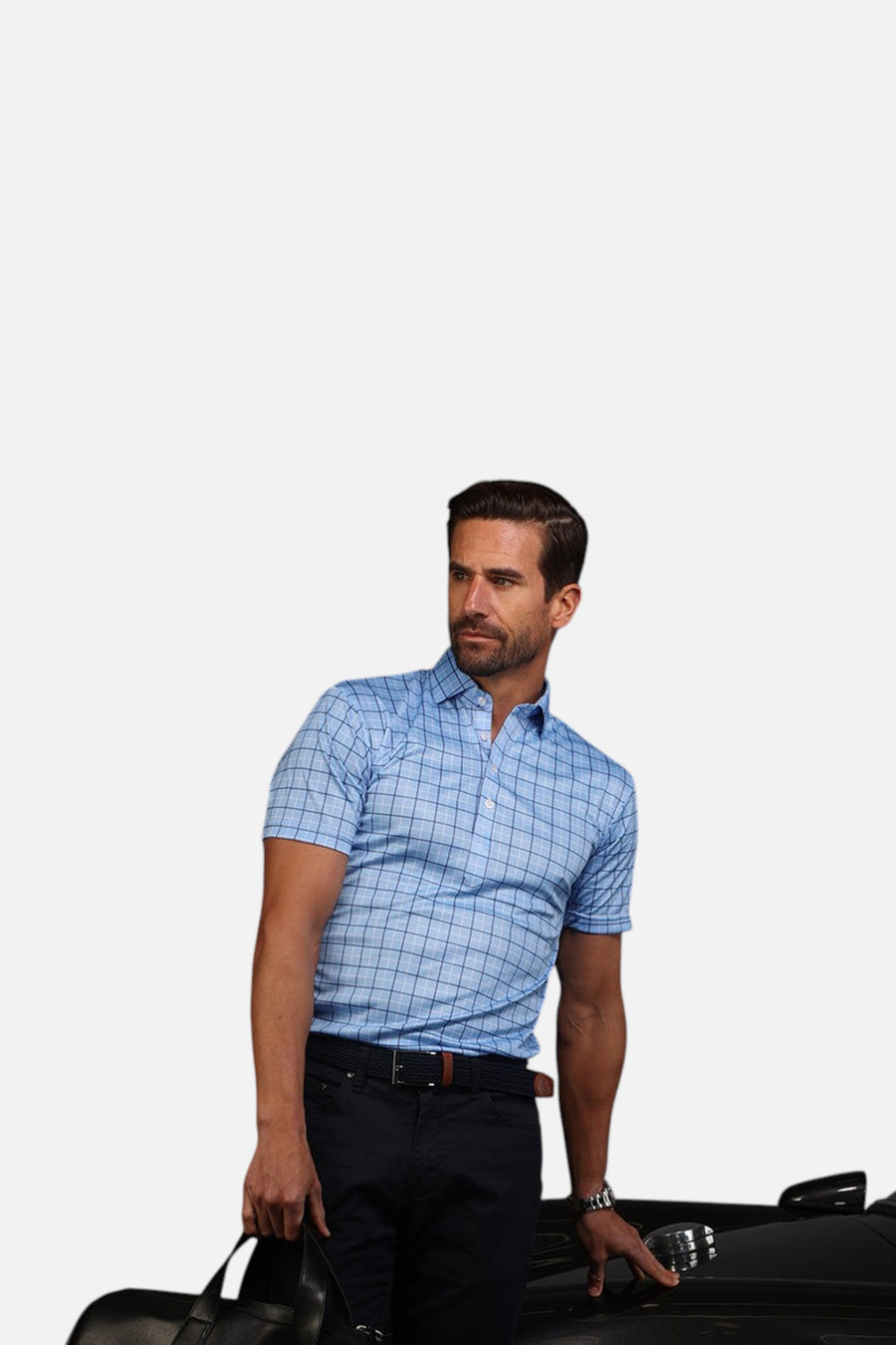 Semi-Spread Collar Polo in Pienza Blue Windowpane – side view