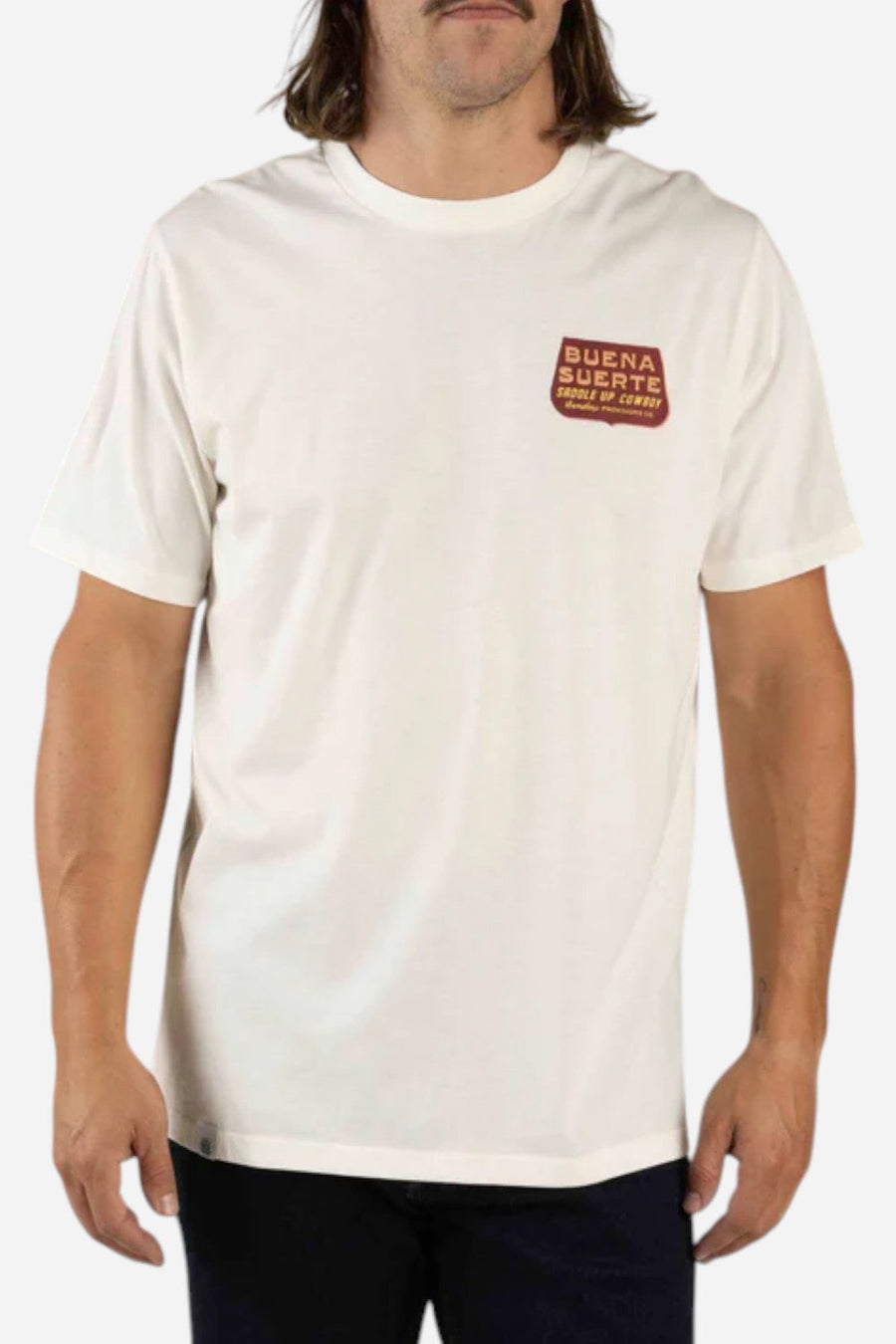 Sendero Provisions Buena Suerte T-Shirt in Vintage White – detail