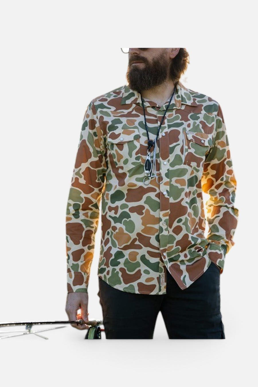 Sendero Provisions Confluence Tech Shirt in Field Camo – flat lay