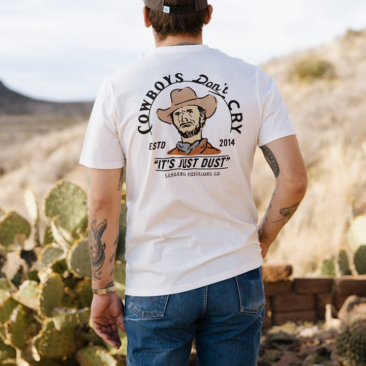 Sendero Provisions Cowboys Don't Cry T-Shirt in Vintage White – flat lay
