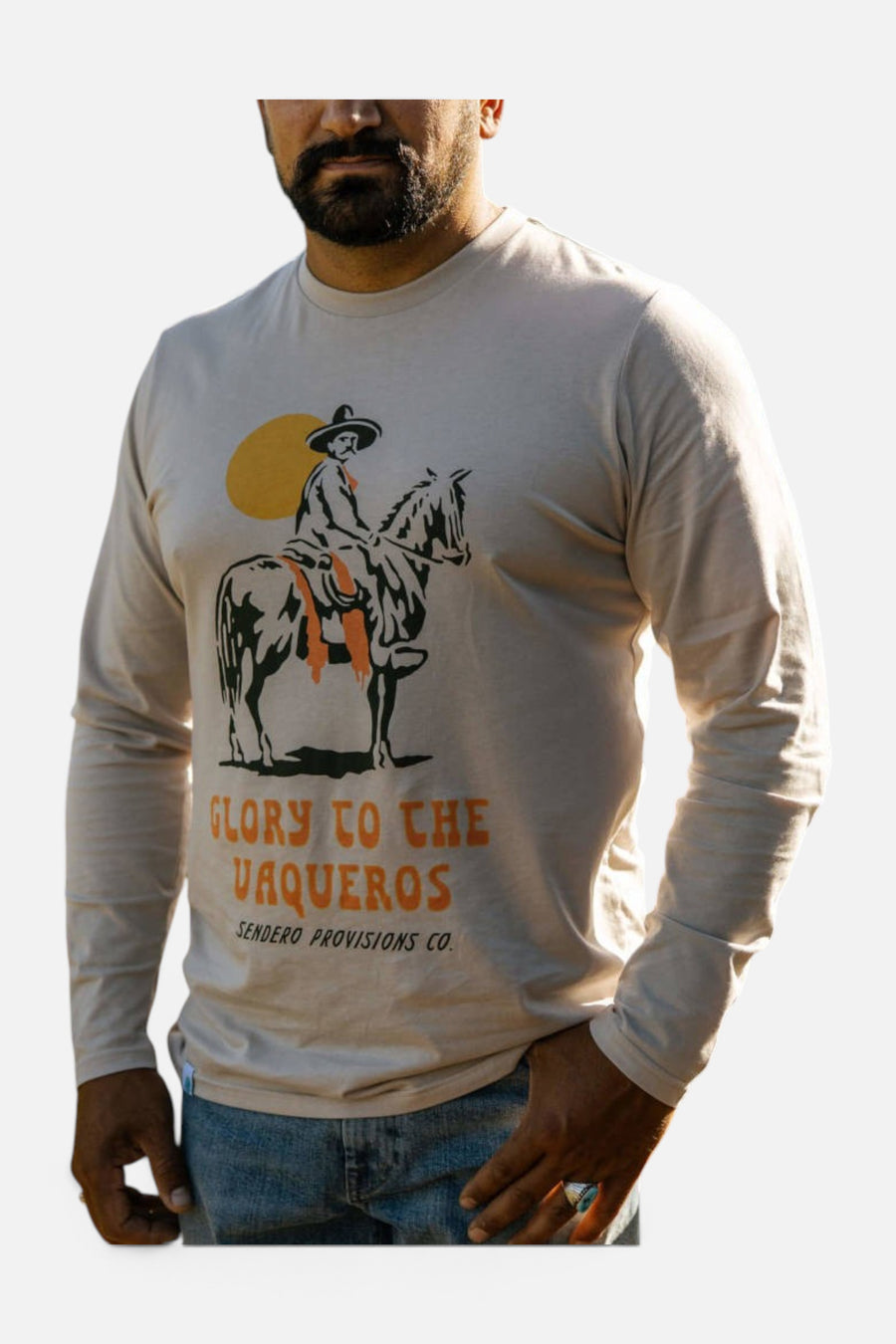 Sendero Provisions Glory To The Vaqueros Long-Sleeve T-Shirt in Beige – back view