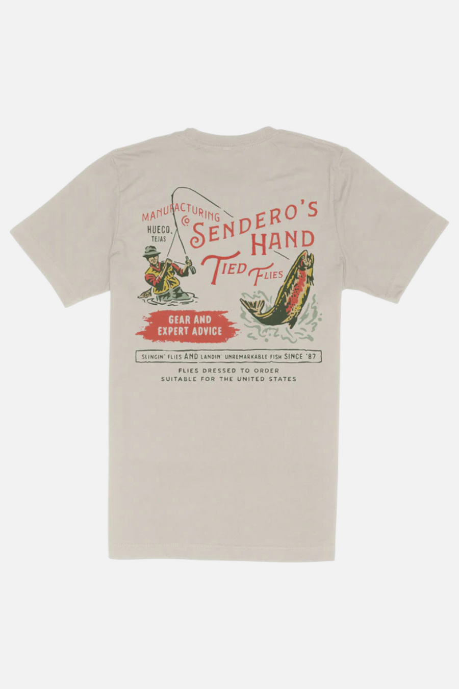 Sendero Provisions Hand Tied Flies T-Shirt in Sand – front view