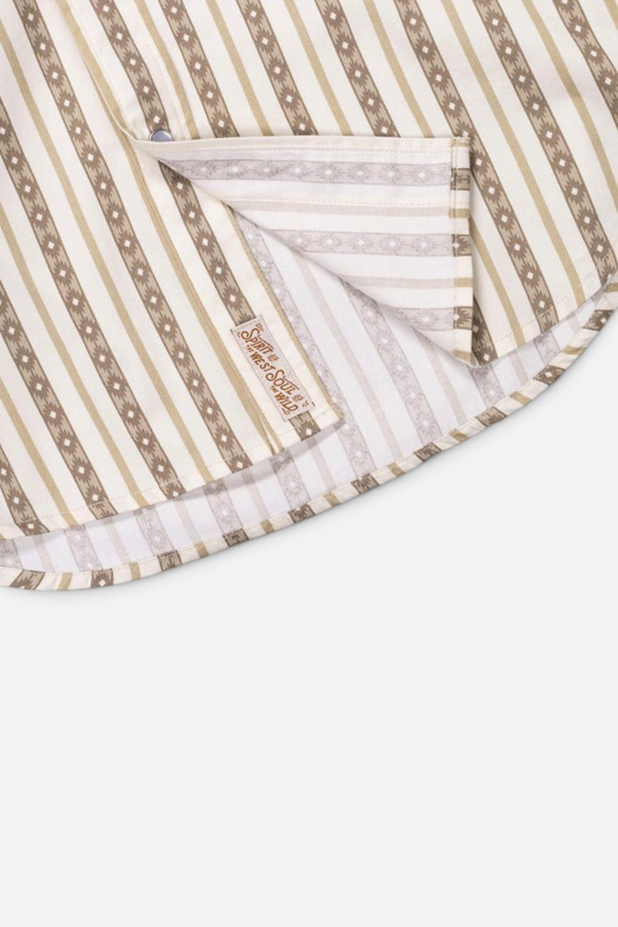 Sendero Provisions The Wyatt Button Up Long Sleeve Serape Pearl Snap Shirt in Tan – flat lay