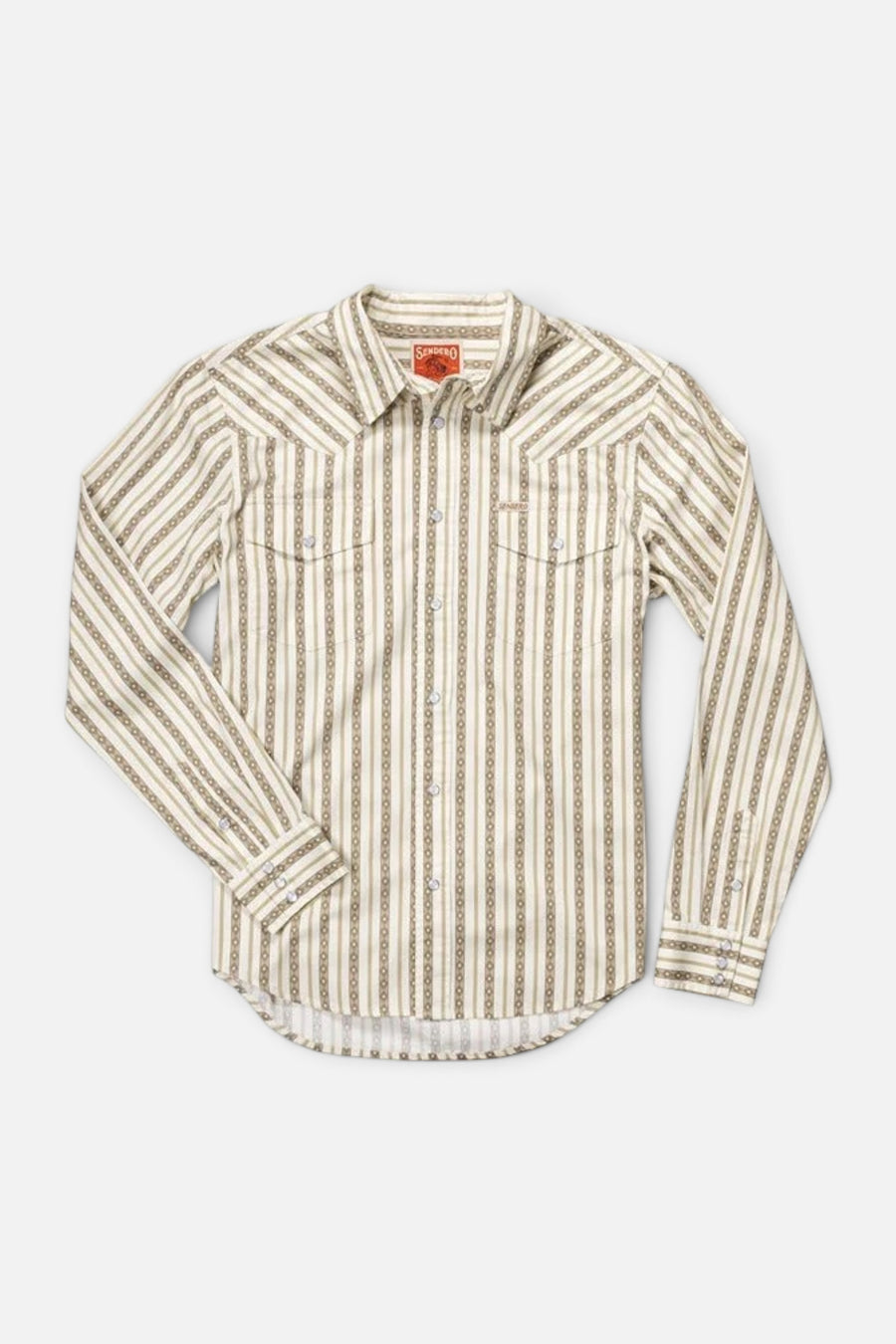 Sendero Provisions The Wyatt Button Up Long Sleeve Serape Pearl Snap Shirt in Tan – front view