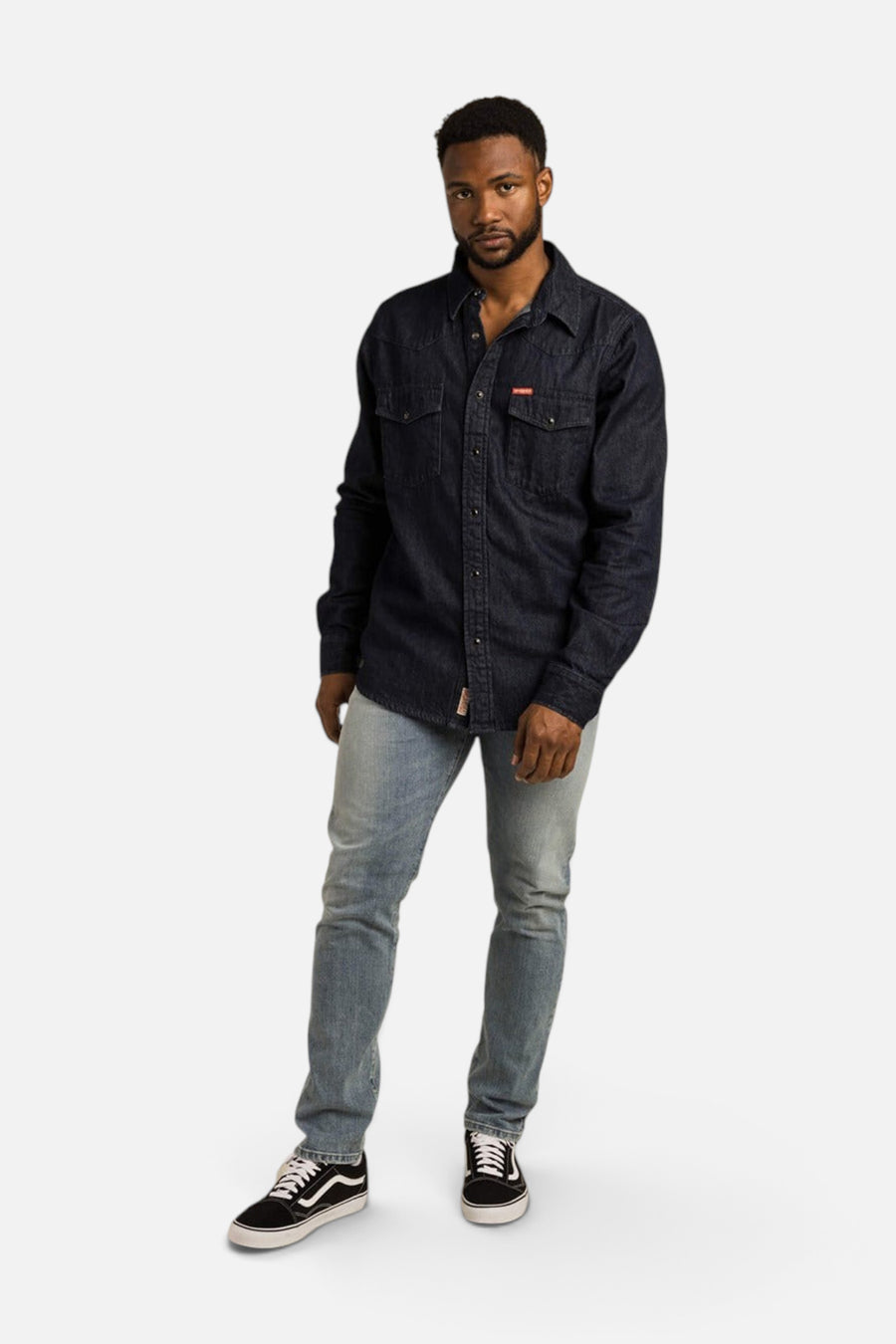 Sendero Provisions Wyatt Pearl Snap in Workman Denim – back view