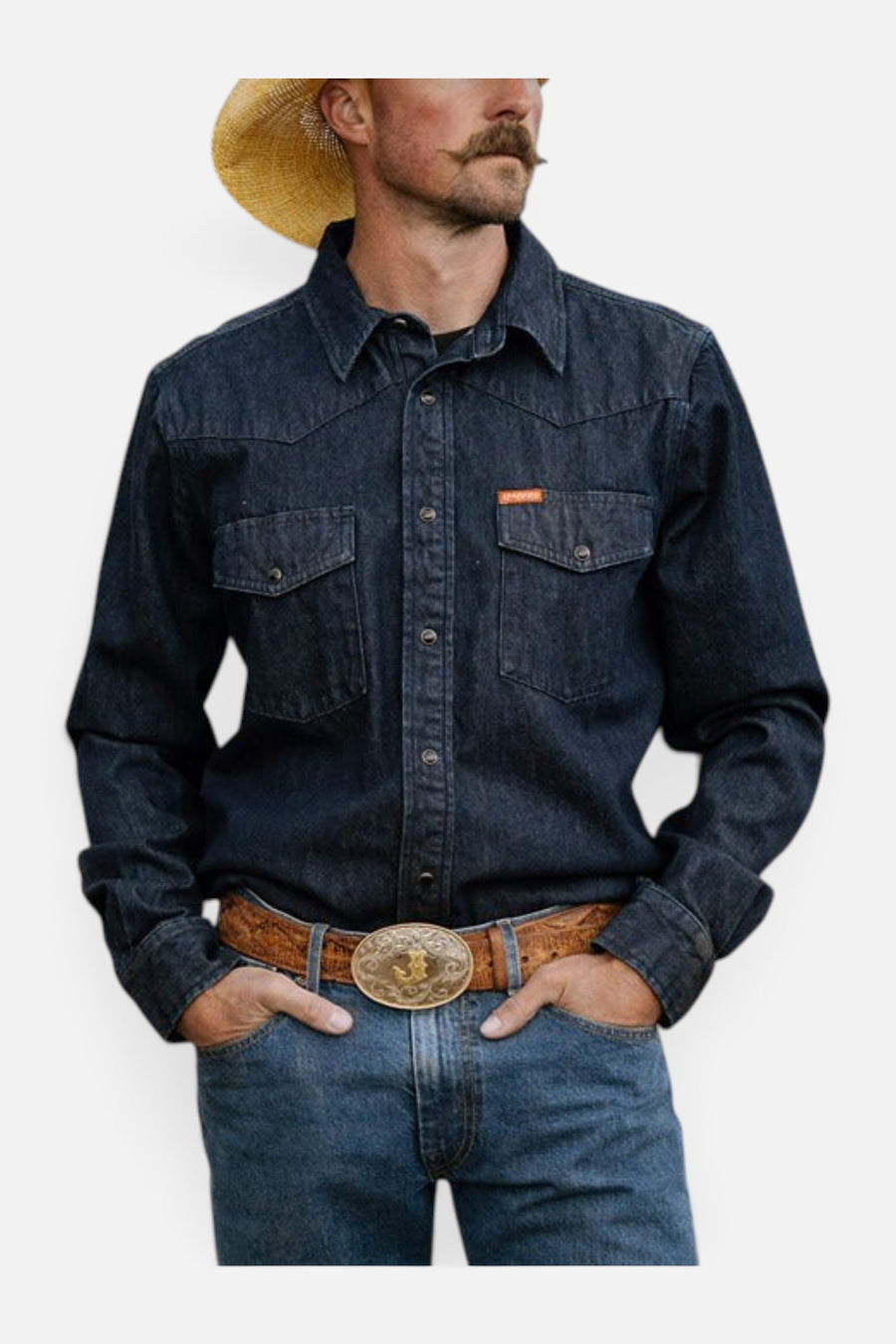 Sendero Provisions Wyatt Pearl Snap in Workman Denim – flat lay
