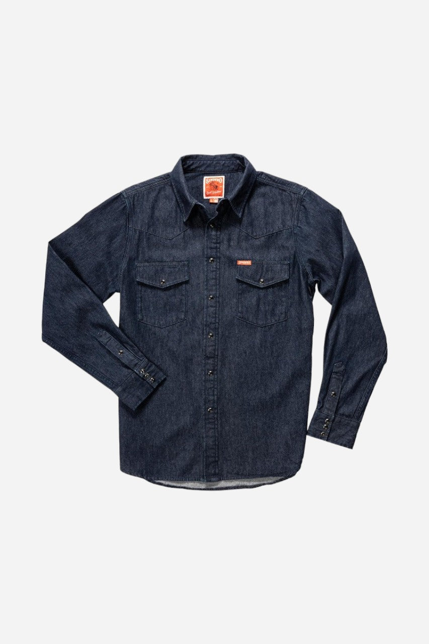 Sendero Provisions Wyatt Pearl Snap in Workman Denim – front view