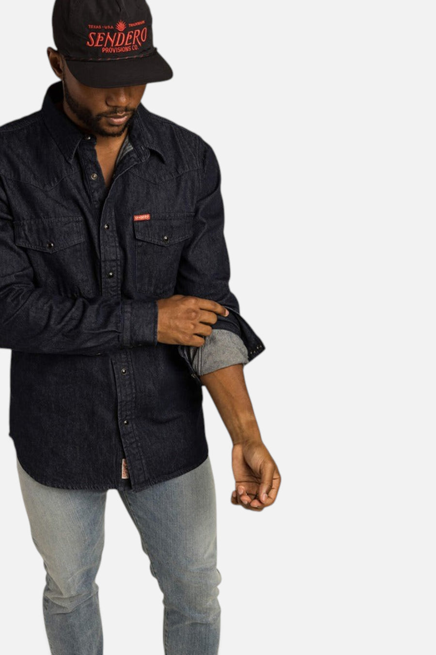 Sendero Provisions Wyatt Pearl Snap in Workman Denim – side view