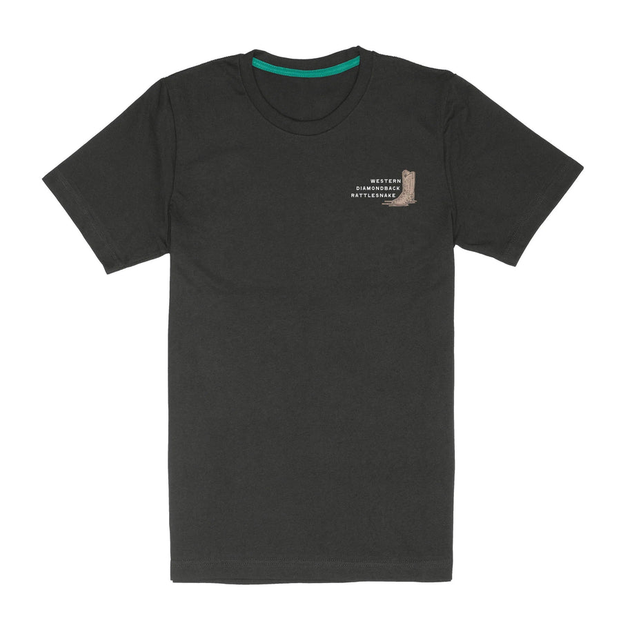 Sendero Rattlesnake Tee in Vintage Black – flat lay