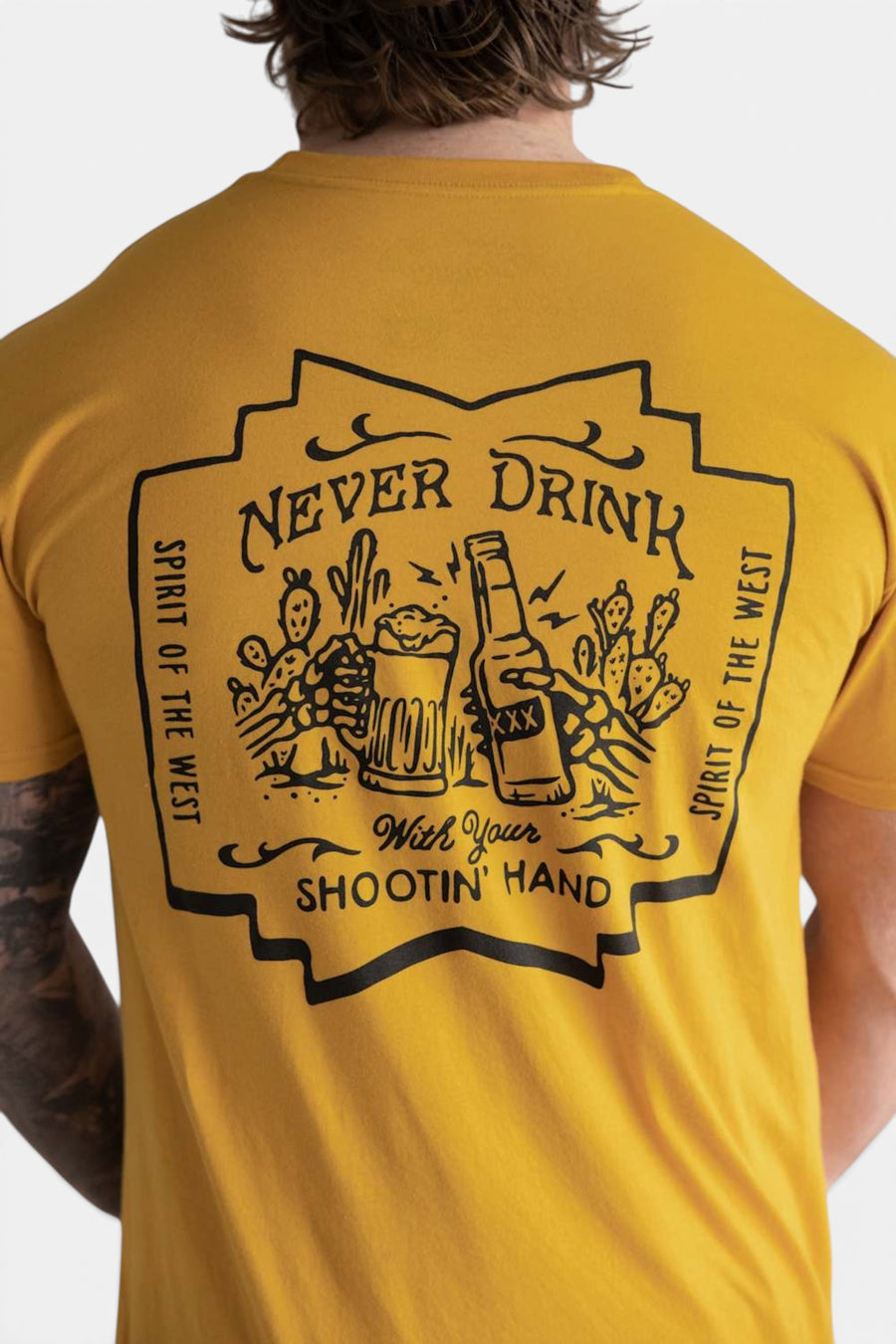 Sendero Shootin' Hand Salud Tee in Goldenrod – detail