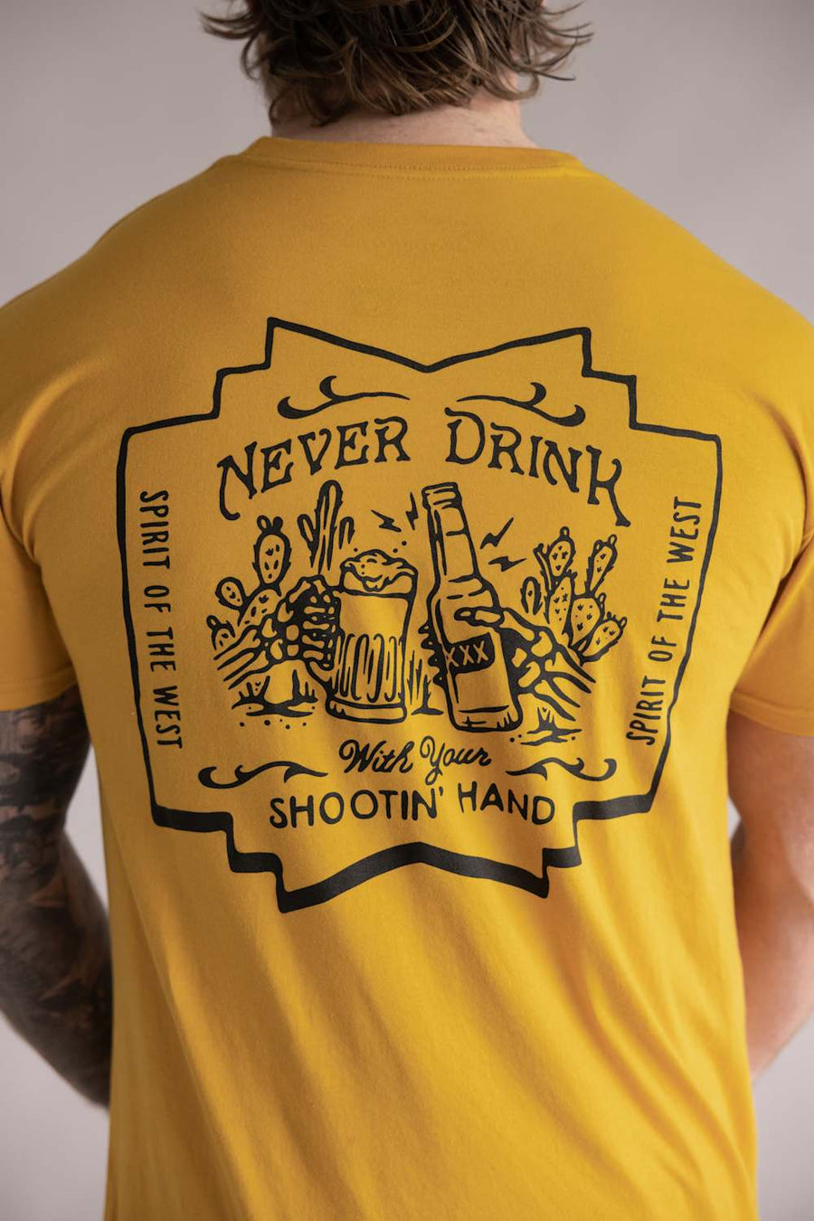 Sendero Shootin' Hand Salud Tee in Goldenrod – detail