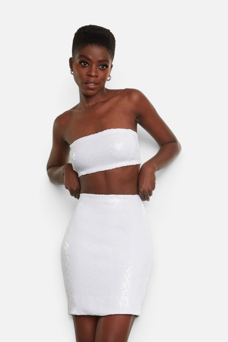 Sequin Mini Skirt in White – front view