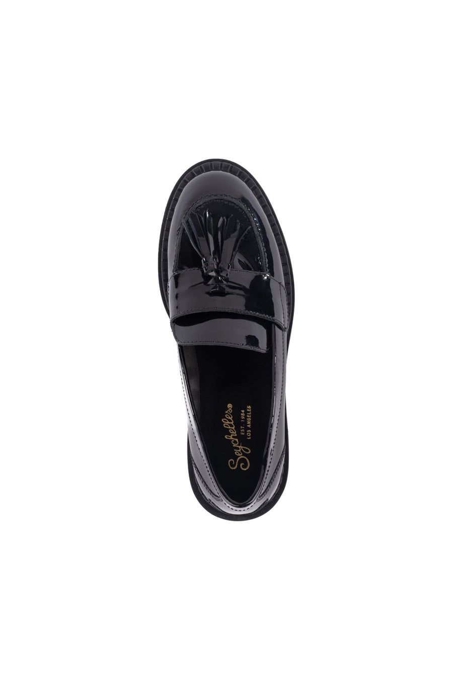 Seychelles Final Call Loafer in Black Patent – flat lay