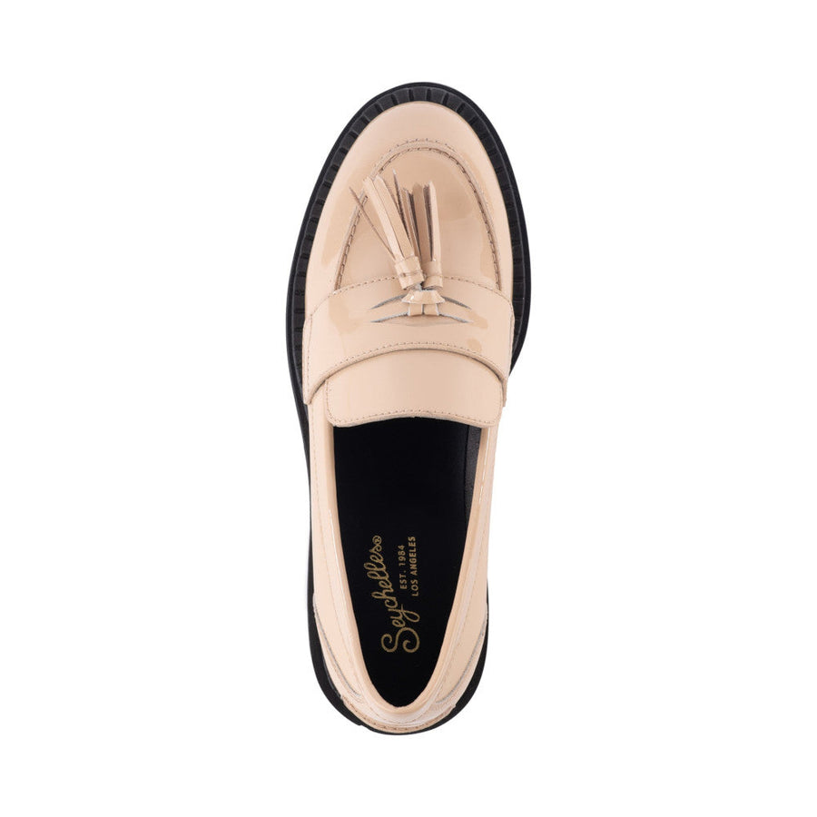 Seychelles Final Call Loafer in Patent Beige – flat lay