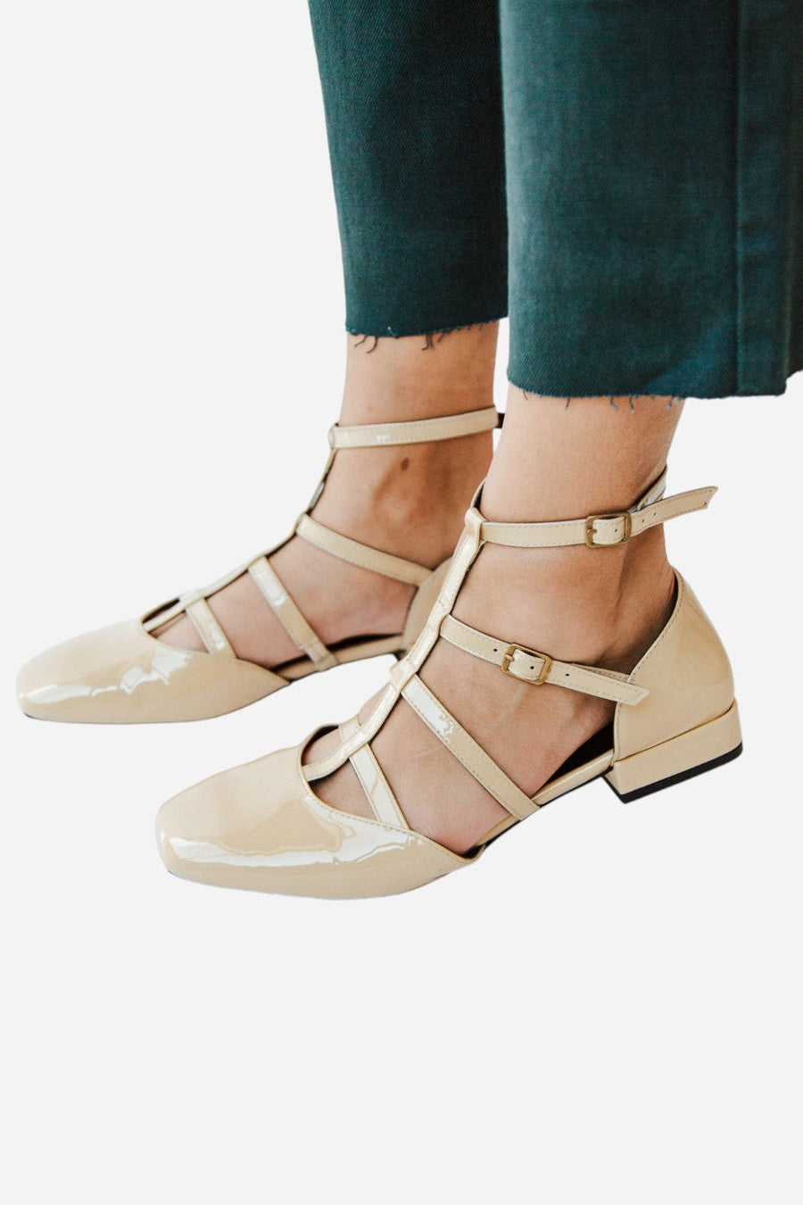 Seychelles Kissing Booth Sandals in Beige Patent Leather – front view