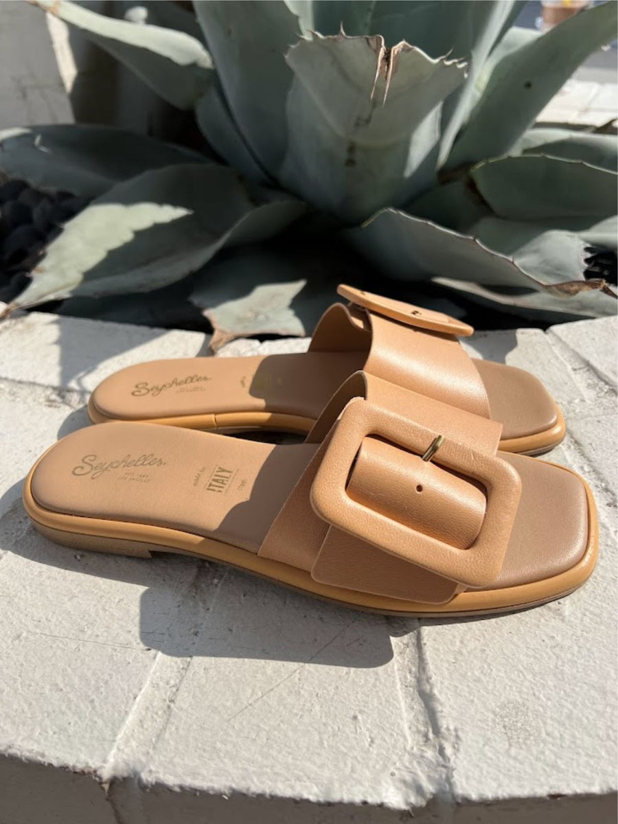 Seychelles Manhattan Leather Sandal in Beige – flat lay