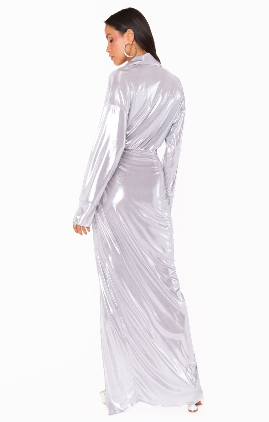 Show Me Your Mumu Clara Collared Maxi Dress in Silver Liquid Stretch – back view