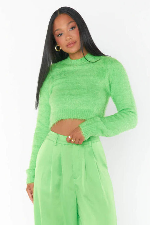 Show Me Your Mumu Cropped Varsity Sweater in Bright Green Fuzzy Knit – back view