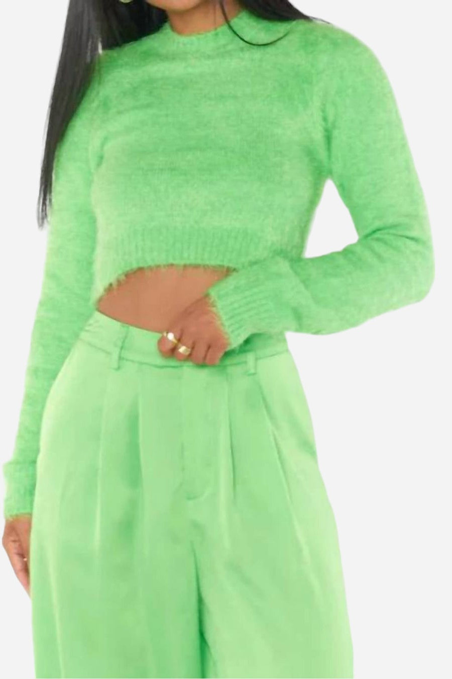 Show Me Your Mumu Cropped Varsity Sweater in Bright Green Fuzzy Knit – front view