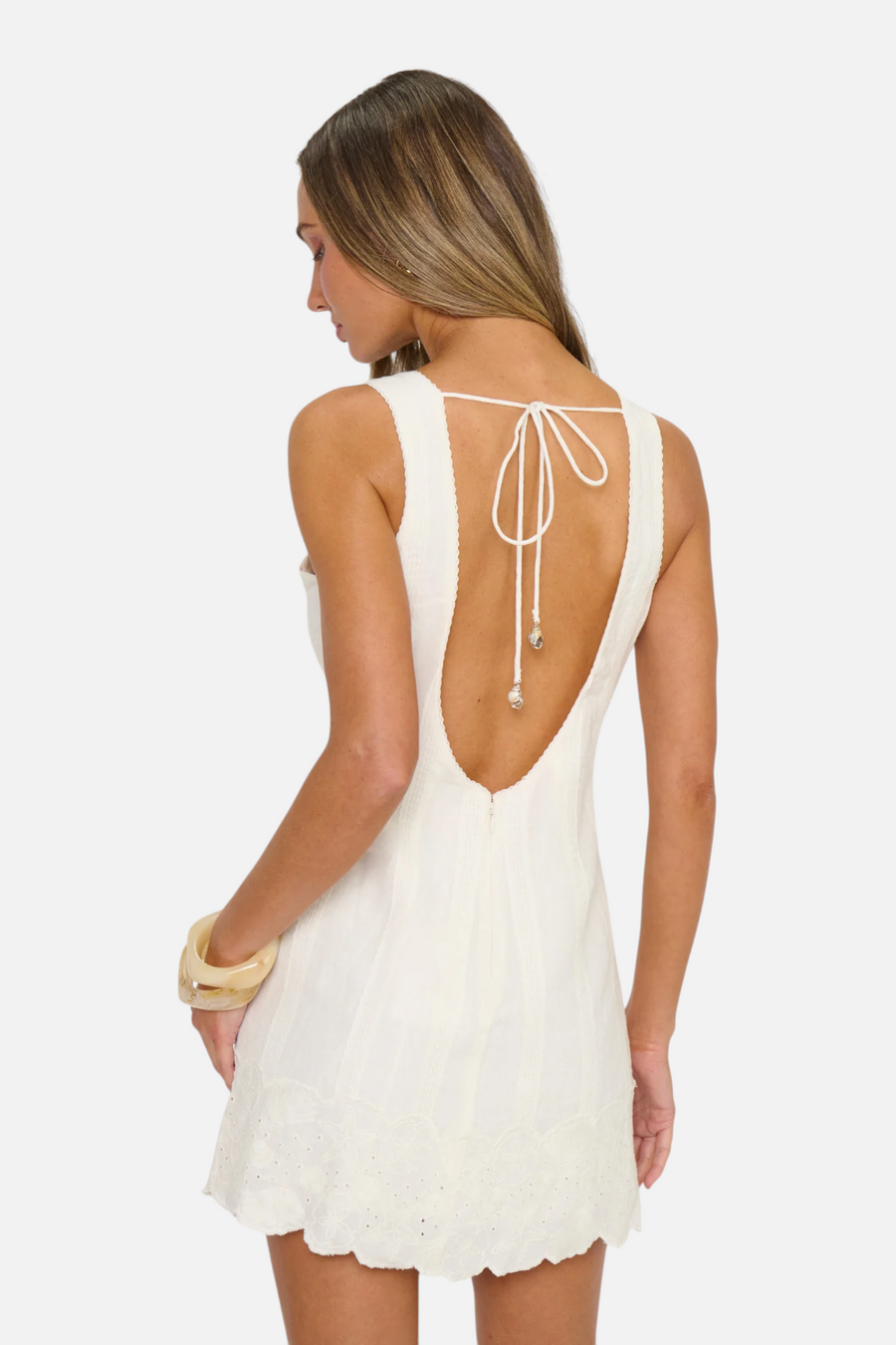 Show Me Your Mumu Eyelet Embroidery Ciao Mini Dress in White – back view
