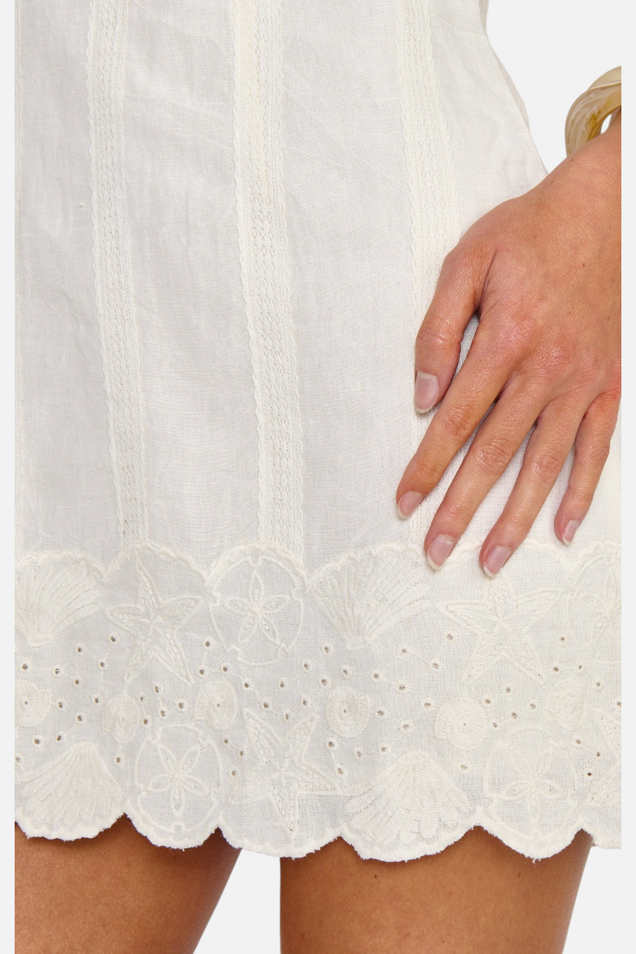 Show Me Your Mumu Eyelet Embroidery Ciao Mini Dress in White – side view