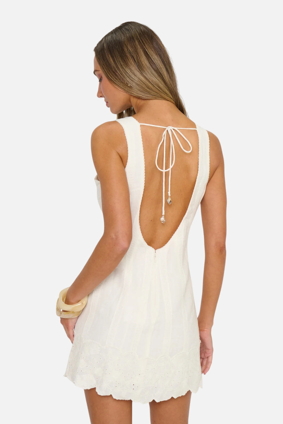 Show Me Your Mumu Eyelet Embroidery Ciao Mini Dress in White – on model