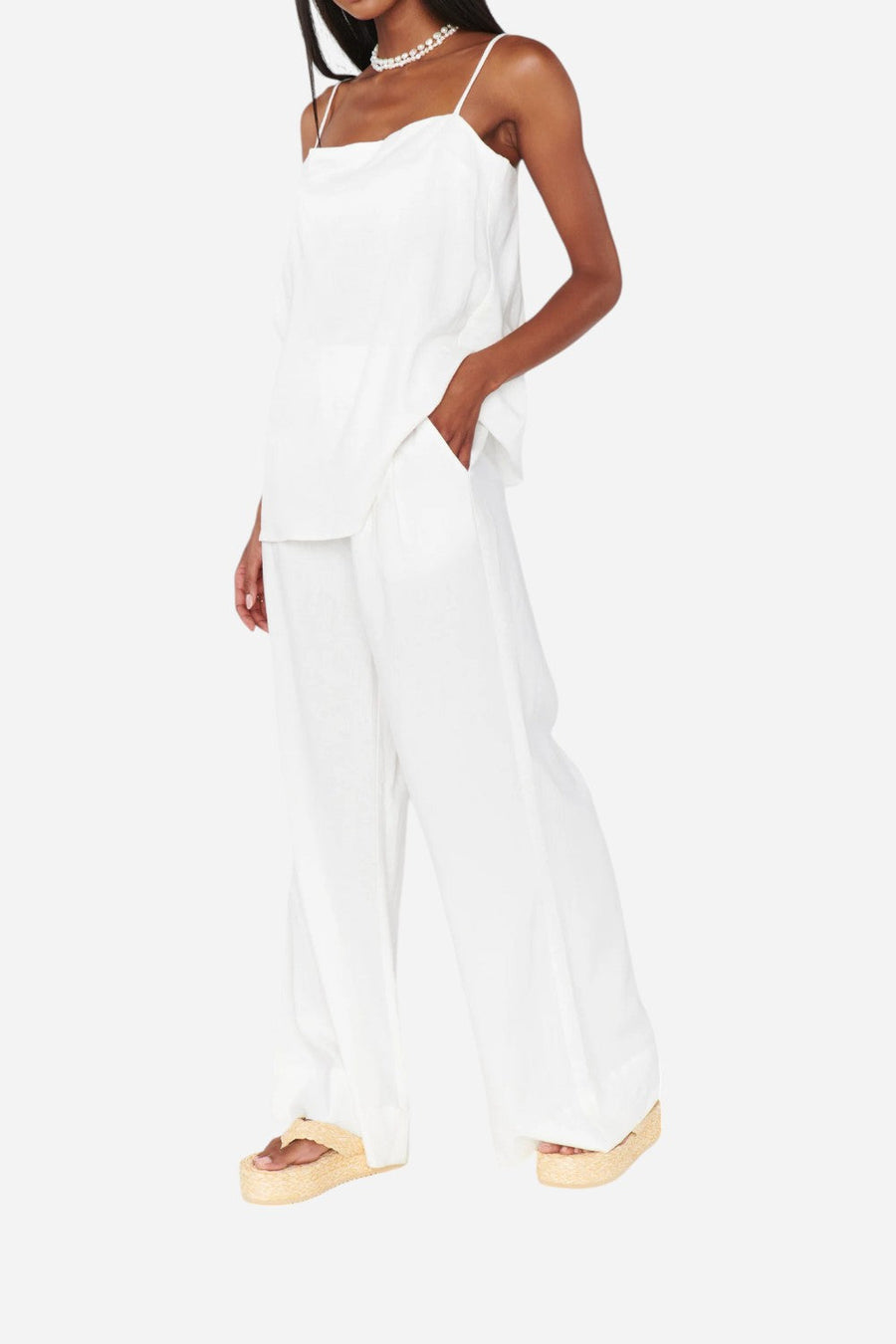 Show Me Your Mumu Hayes Trouser in White Linen – detail