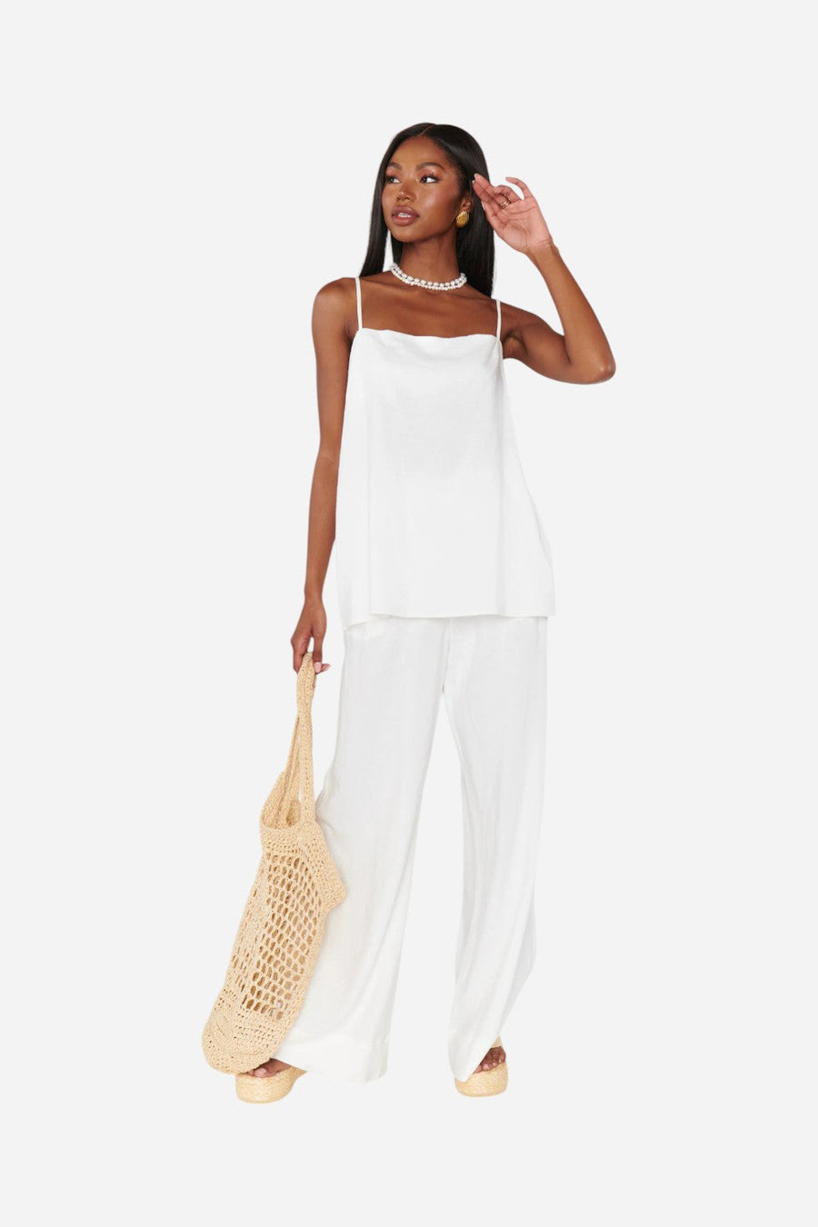 Show Me Your Mumu Hayes Trouser in White Linen – flat lay