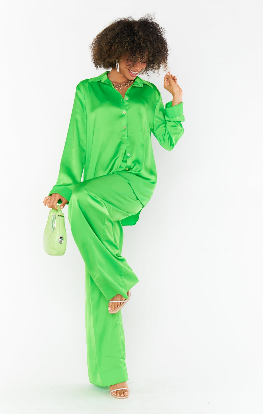 Show Me Your Mumu Hayes Trousers in Bright Green Luxe Satin – back view
