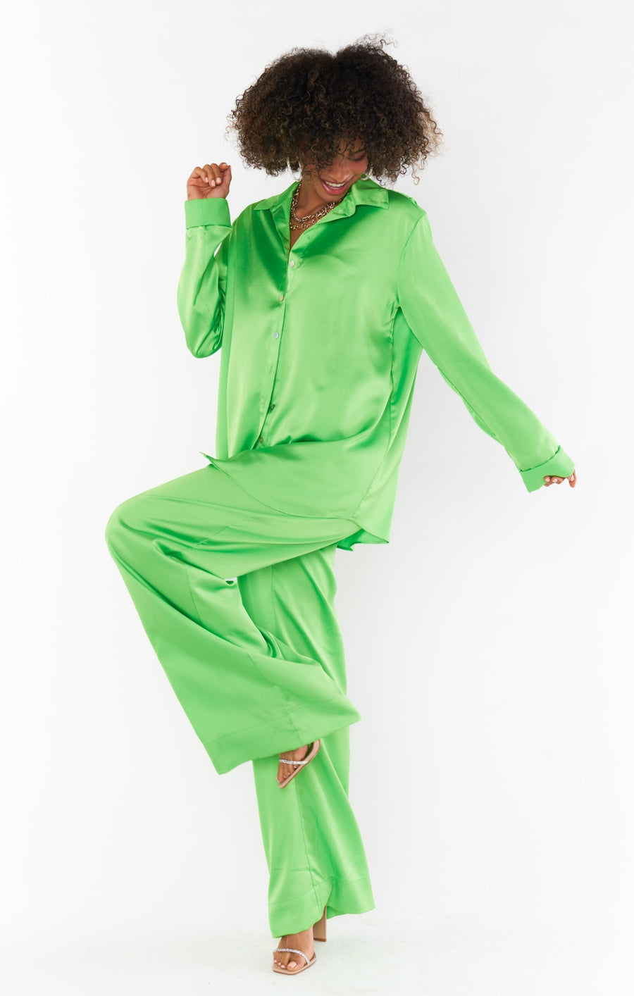 Show Me Your Mumu Hayes Trousers in Bright Green Luxe Satin – detail