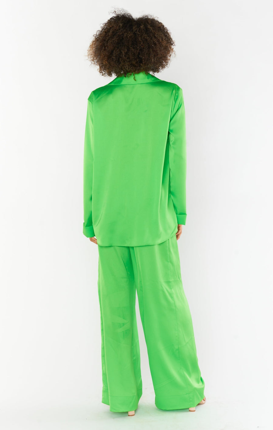 Show Me Your Mumu Hayes Trousers in Bright Green Luxe Satin – flat lay