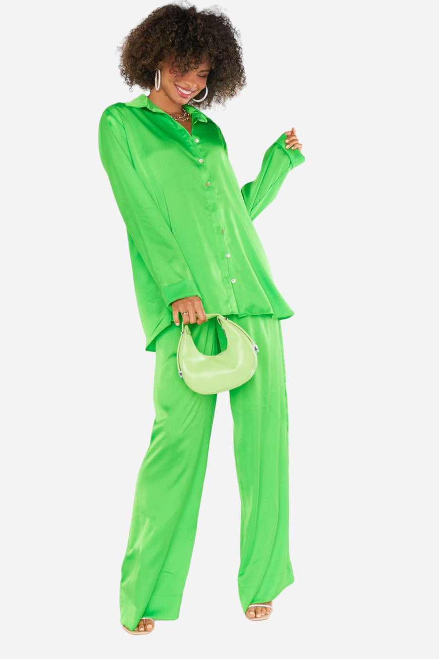 Show Me Your Mumu Hayes Trousers in Bright Green Luxe Satin – front view